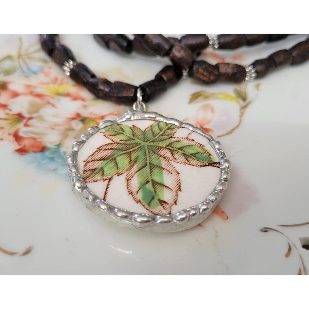 Broken China "Nasco Japan Morning Glory" Soldered Wood Beaded Pendant Necklace